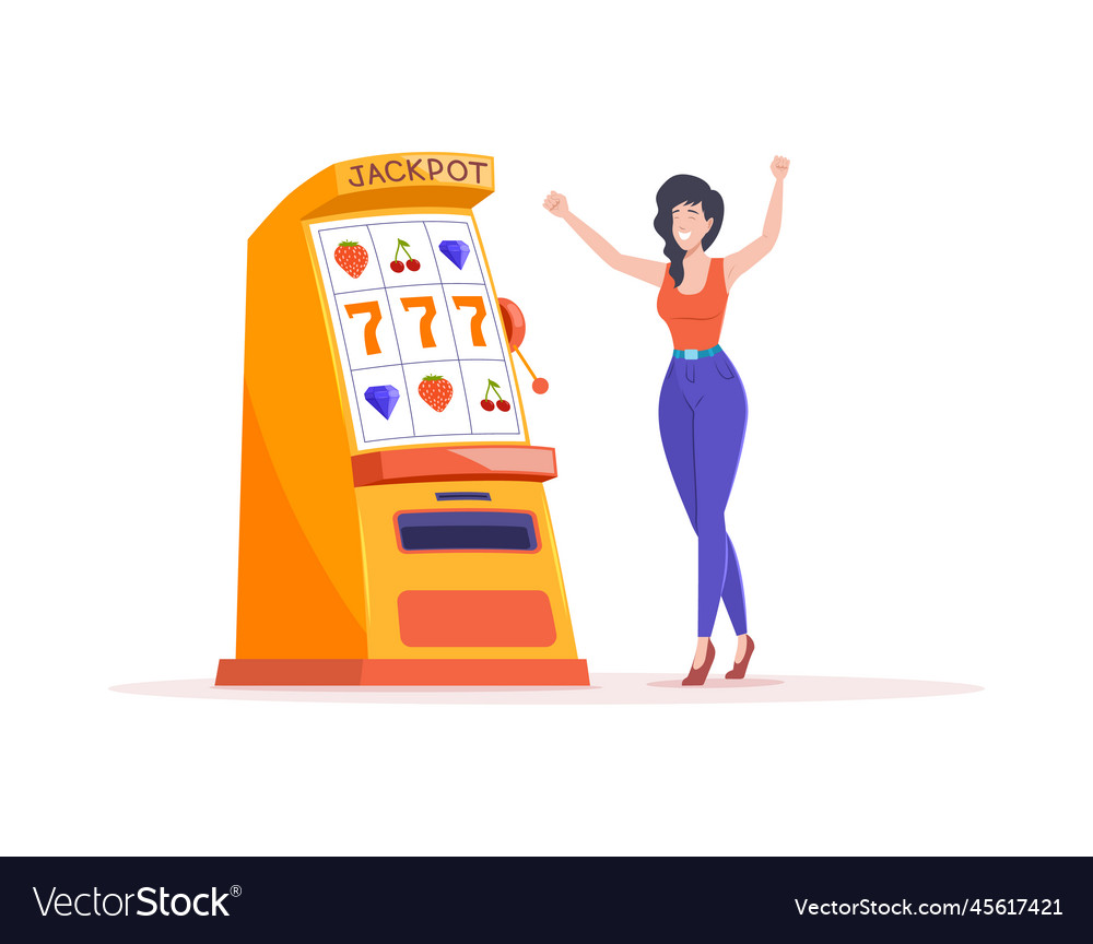 Lucky happy woman celebrating win in casino slot
