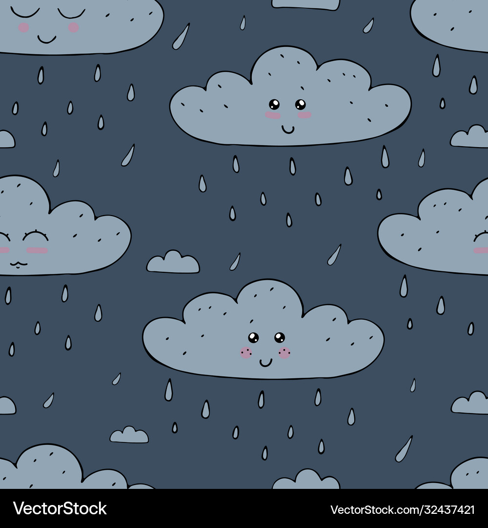 Seamless pattern blue clouds with cute kawaii Vector Image
