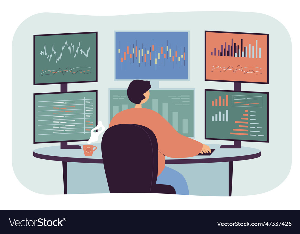 Man sitting at desk with computers in office vector image Man sitting at desk with computers in office