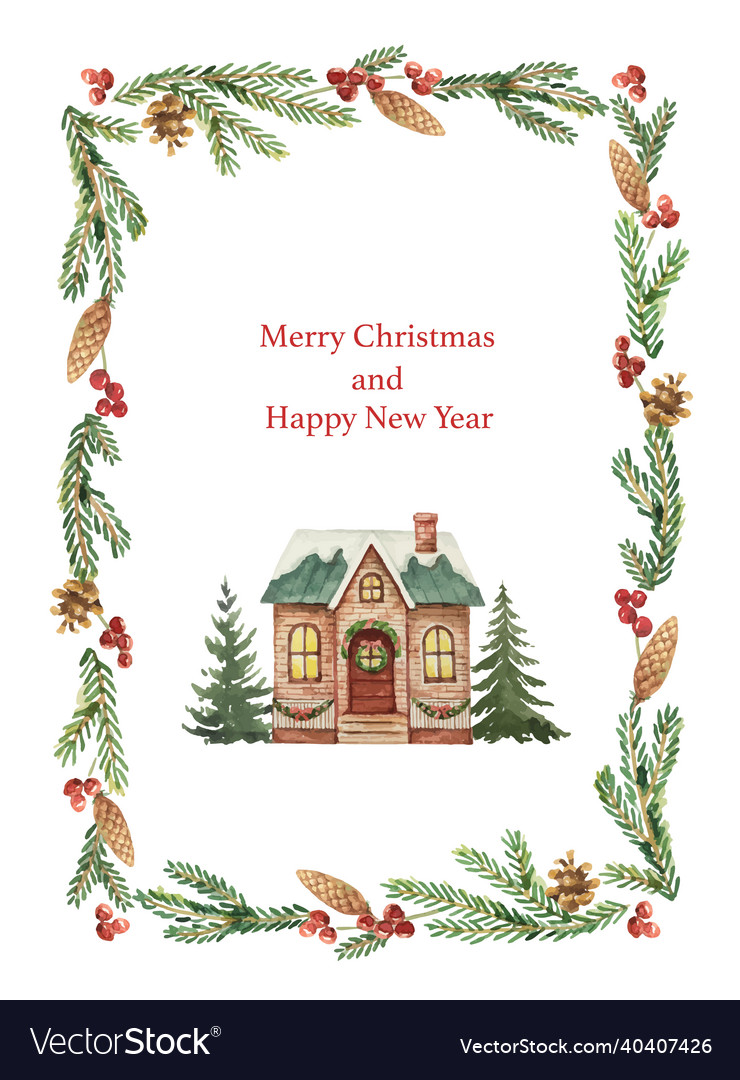 Watercolor frame with a christmas house and fir vector image Watercolor frame with a christmas house and fir