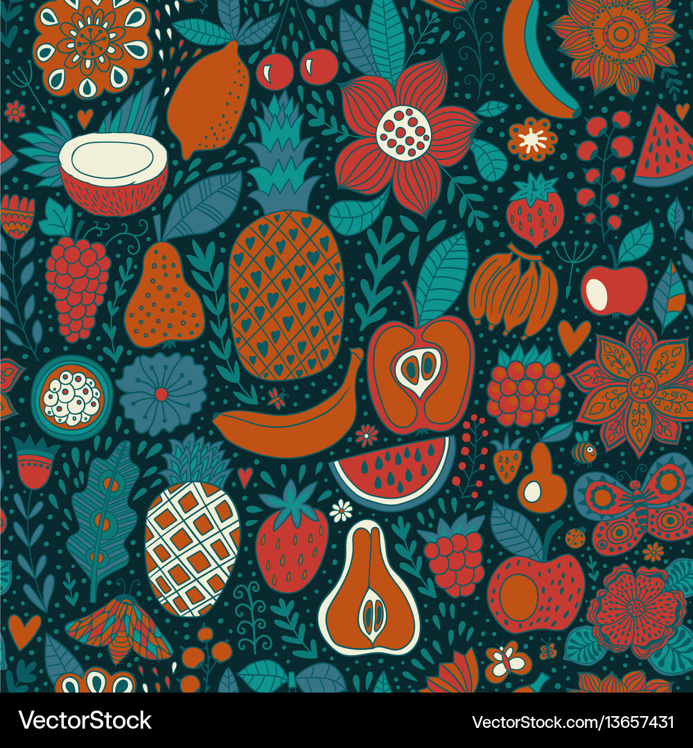 Fruit doodles seamless pattern hand drawn Vector Image