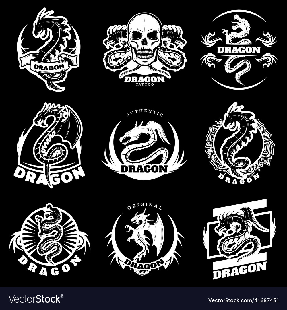 Vintage white dragon tattoo labels set Royalty Free Vector