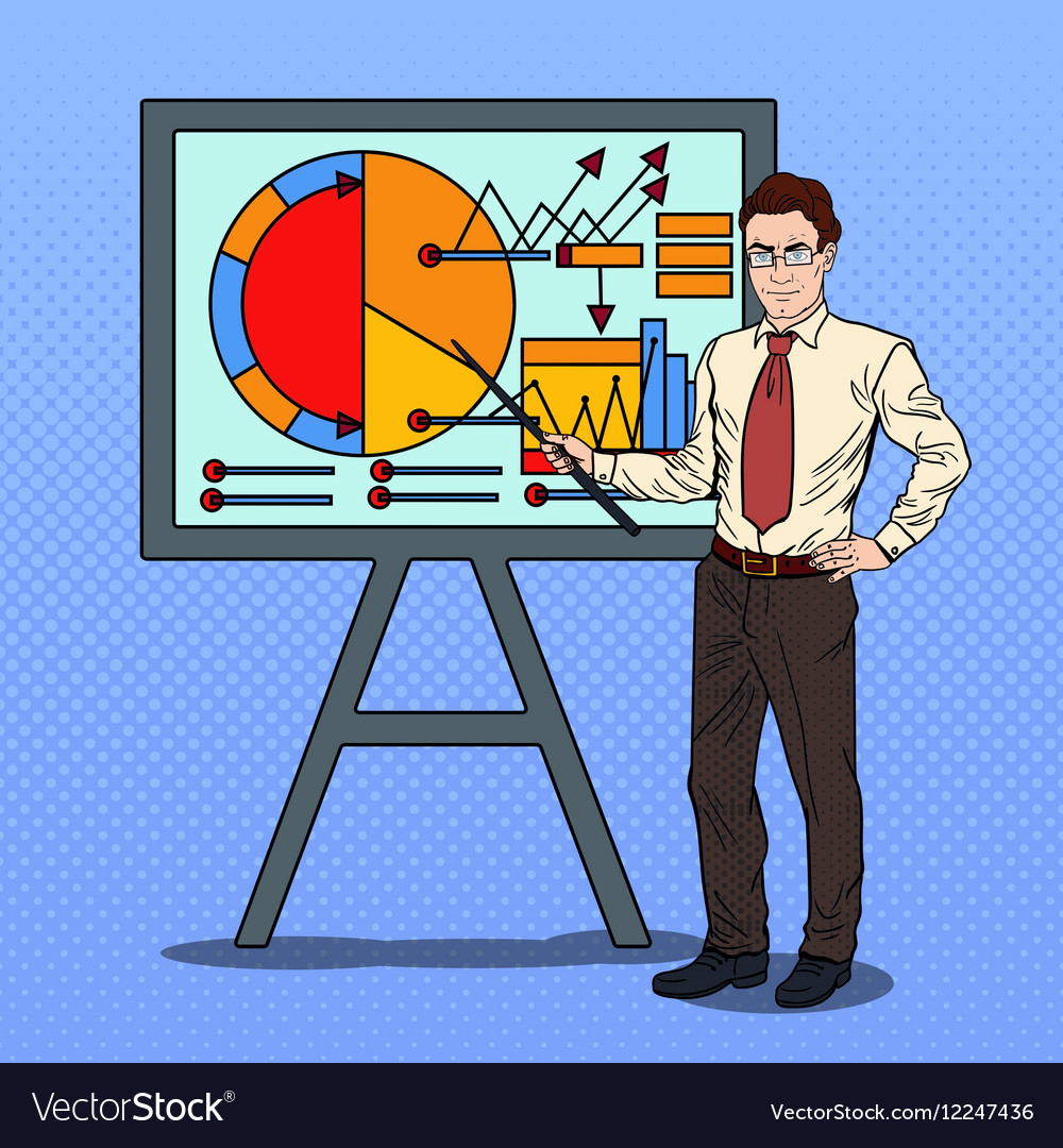 Pop art businessman with pointer stick