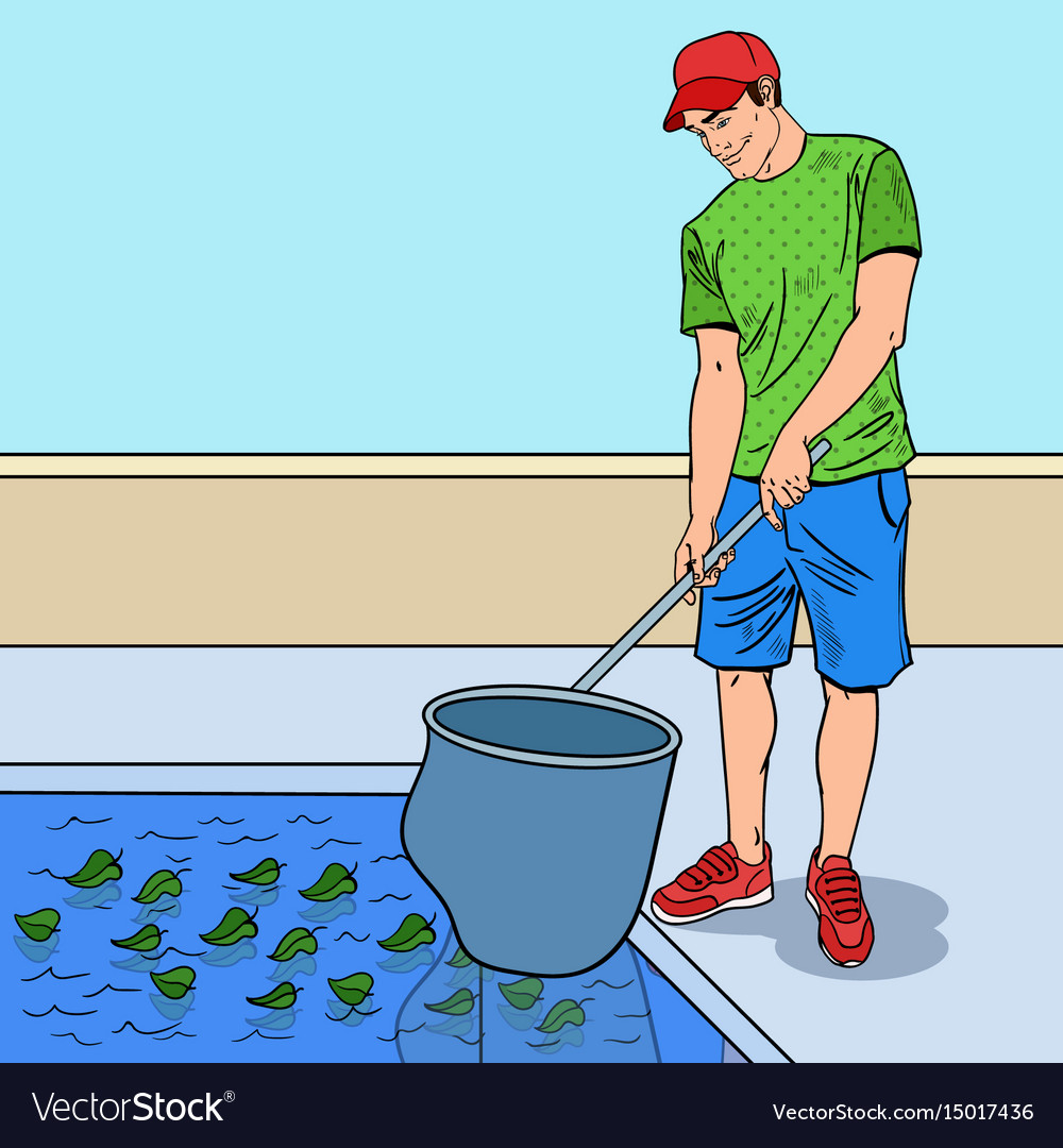 Pop art smiling man cleaning pool