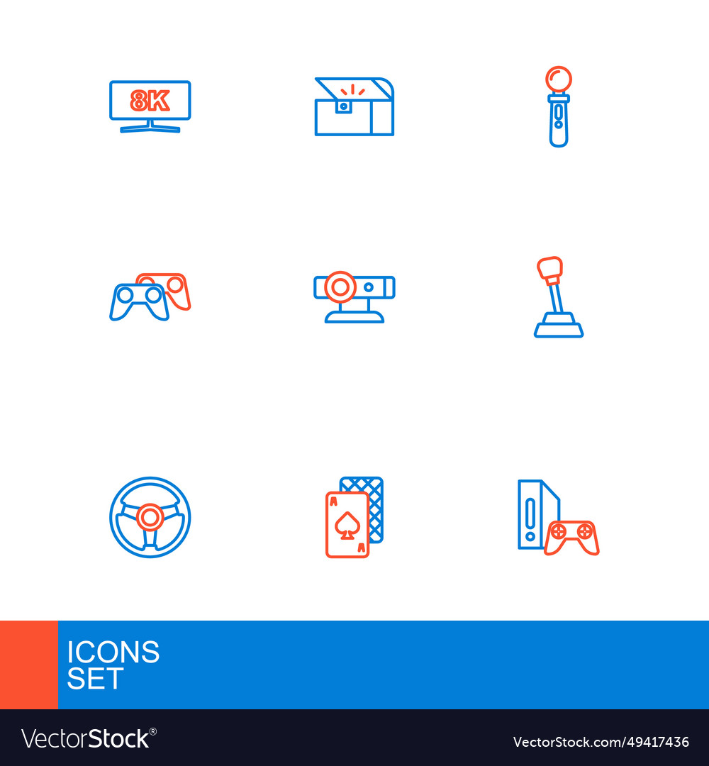 Set line game console with joystick playing cards vector image Set line game console with joystick playing cards