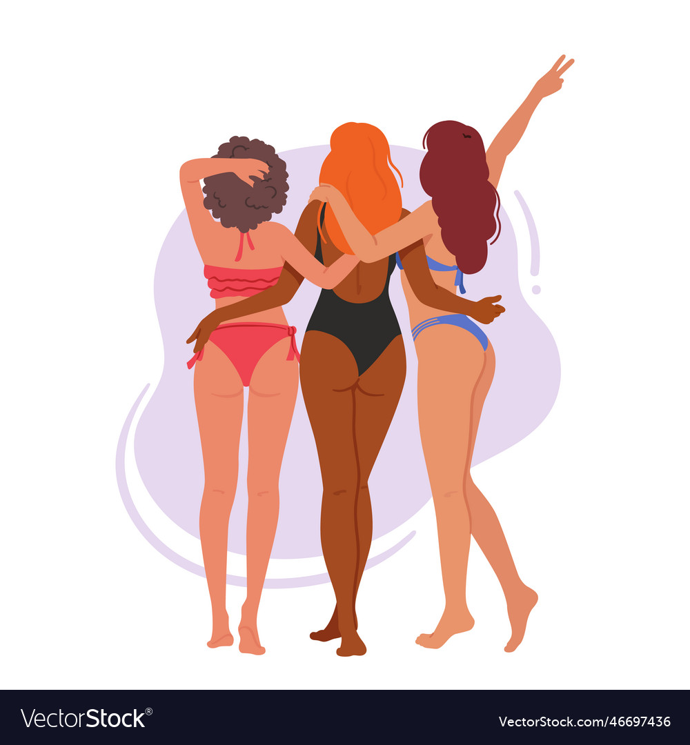 Three female friends in swimsuits standing