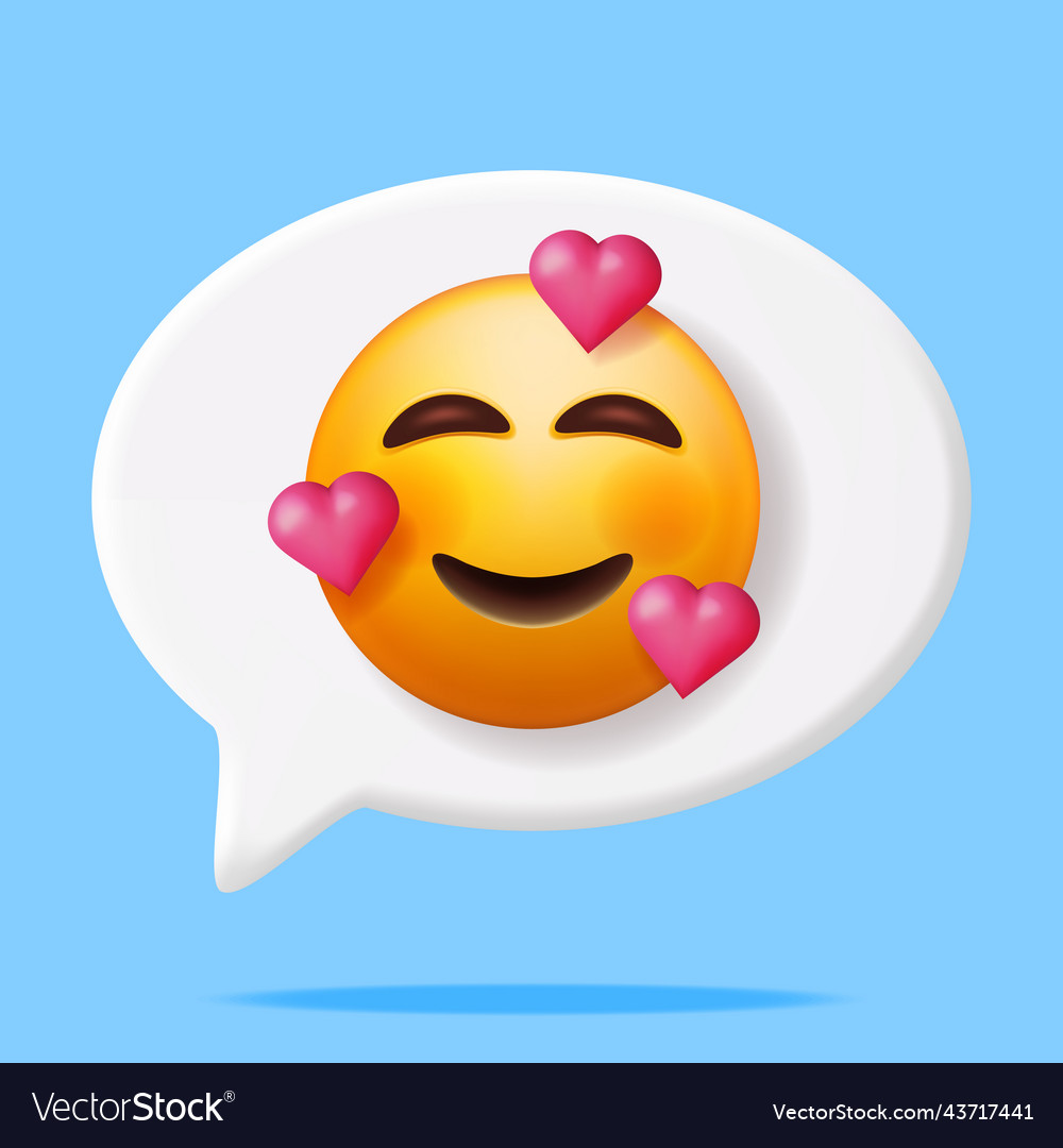 Happy emoticon with three hearts in speech bubble