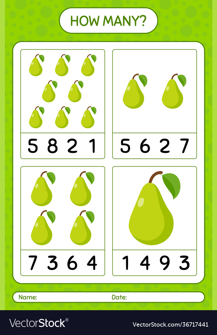 How many counting game with pear worksheet vector image How many counting game with pear worksheet