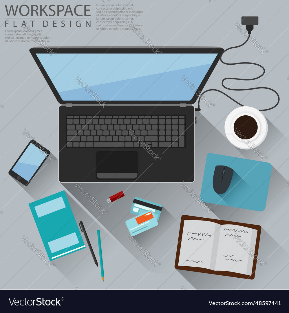 Office workspace computer top view flat design vector image Office workspace computer top view flat design