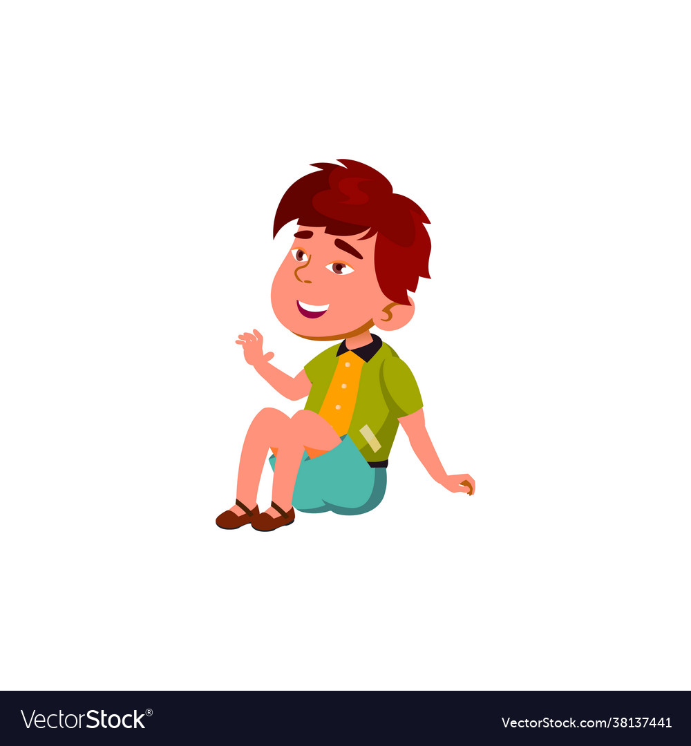 Smiling small boy sitting on green grass cartoon Vector Image