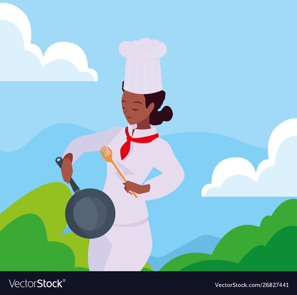 Woman chef with frying pan