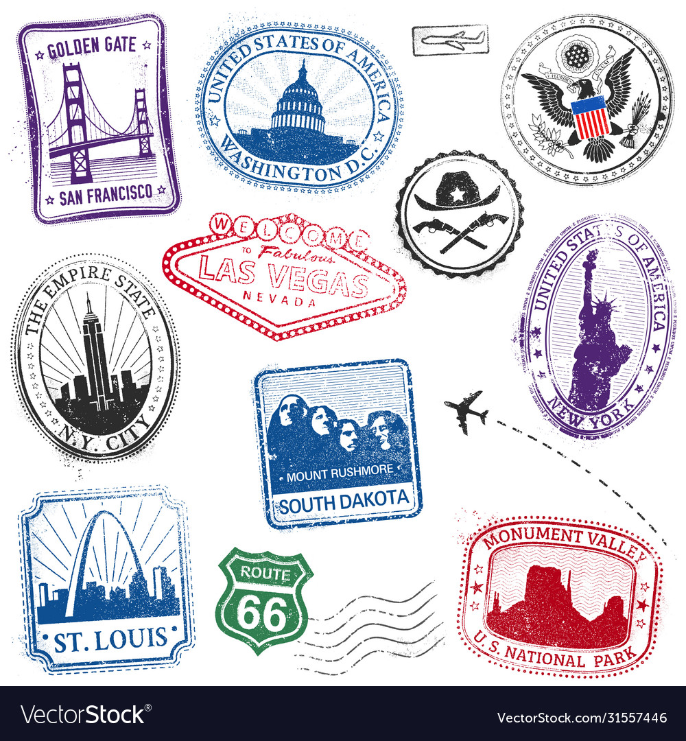 Us monuments grunge stamps Royalty Free Vector Image