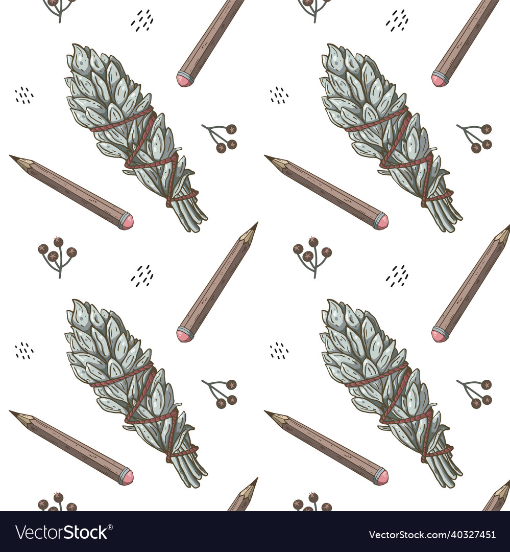 Boho seamless pattern with smudge stick and pencil