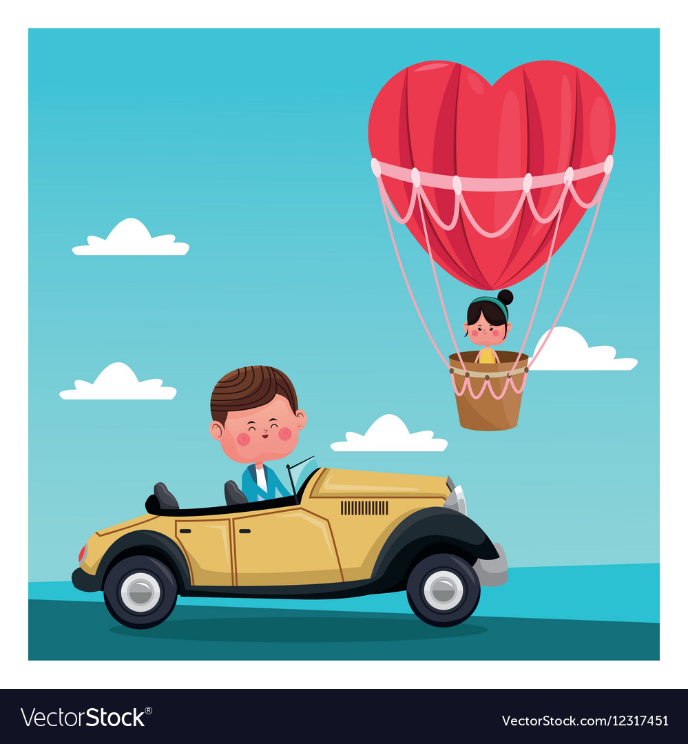Boy driver classic car girl flying heart