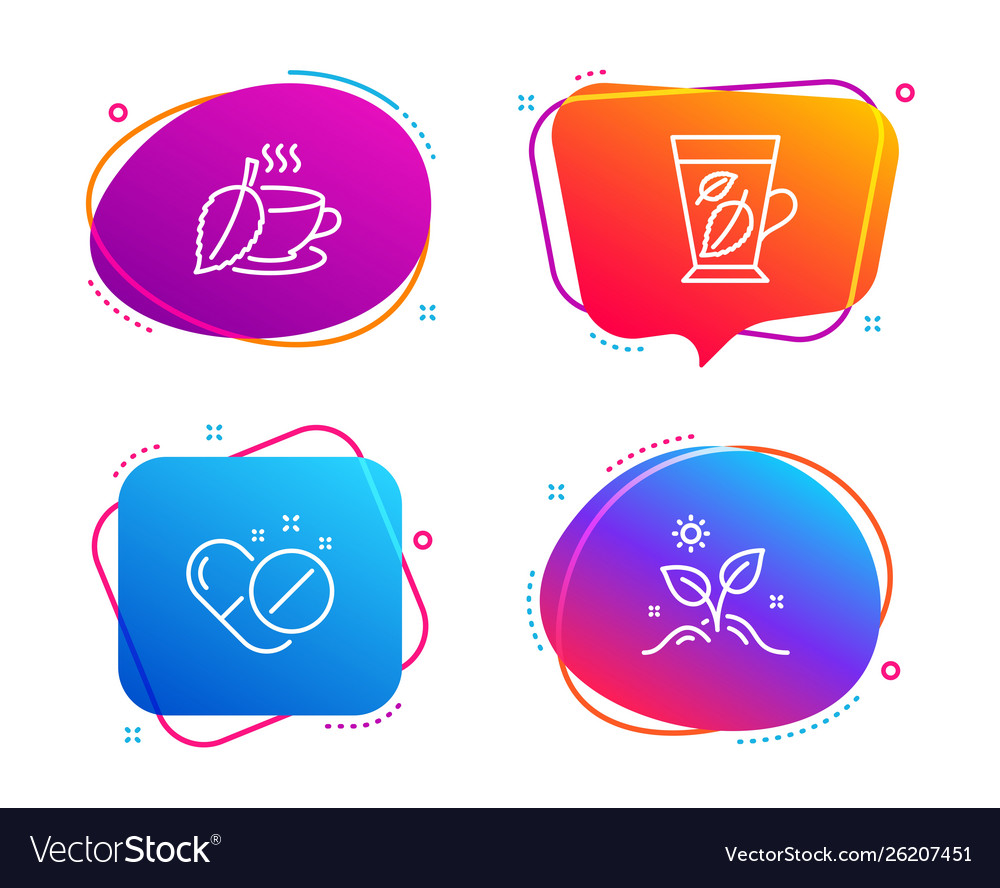 Mint tea leaves and medical pills icons set