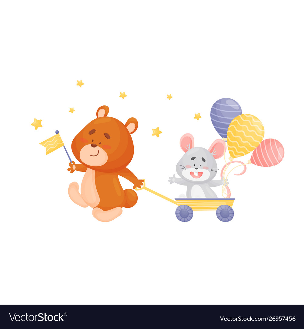 Cartoon bear pulling a wheelbarrow with mouse Vector Image