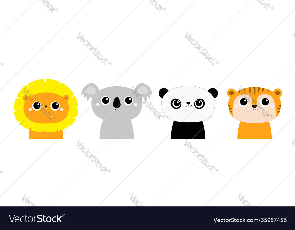 Lion panda bear koala tiger round head face icon