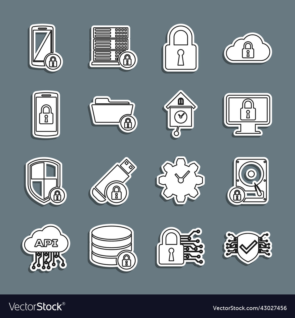 Set line cyber security hard disk drive and lock vector image Set line cyber security hard disk drive and lock