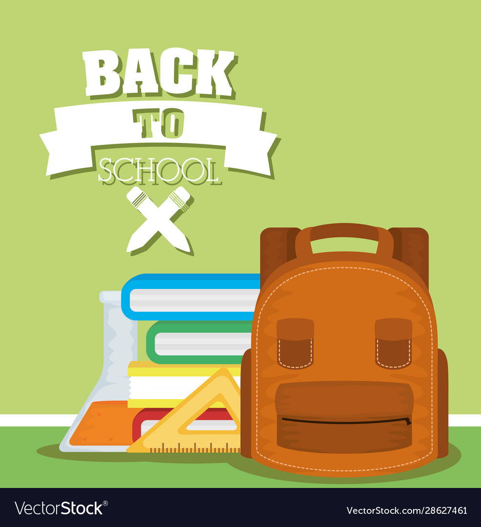 Back to school card with schoolbag and pile