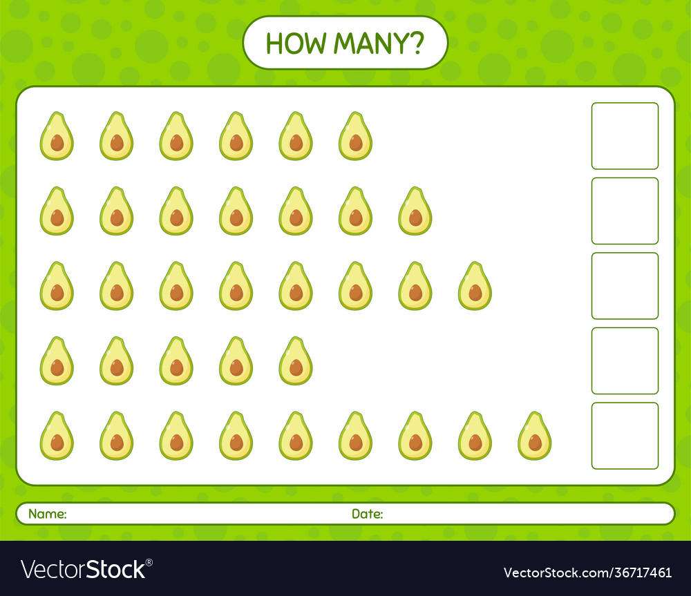 How many counting game with avocado worksheet vector image How many counting game with avocado worksheet