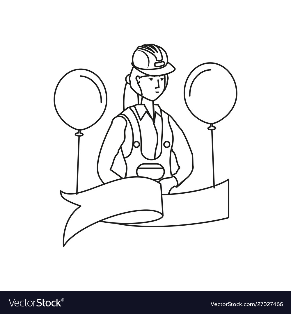 Weiblicher Bauherr mit Ballons Helium Arbeitstag vector image Weiblicher Bauherr mit Ballons Helium Arbeitstag
