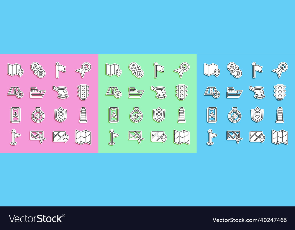 Set line folded map lighthouse traffic light vector image Set line folded map lighthouse traffic light