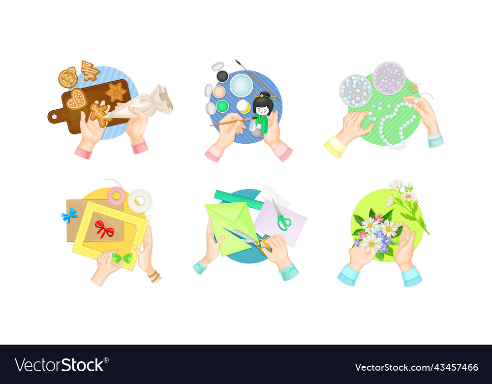 Top view of hands creating diy crafts set vector image Top view of hands creating diy crafts set