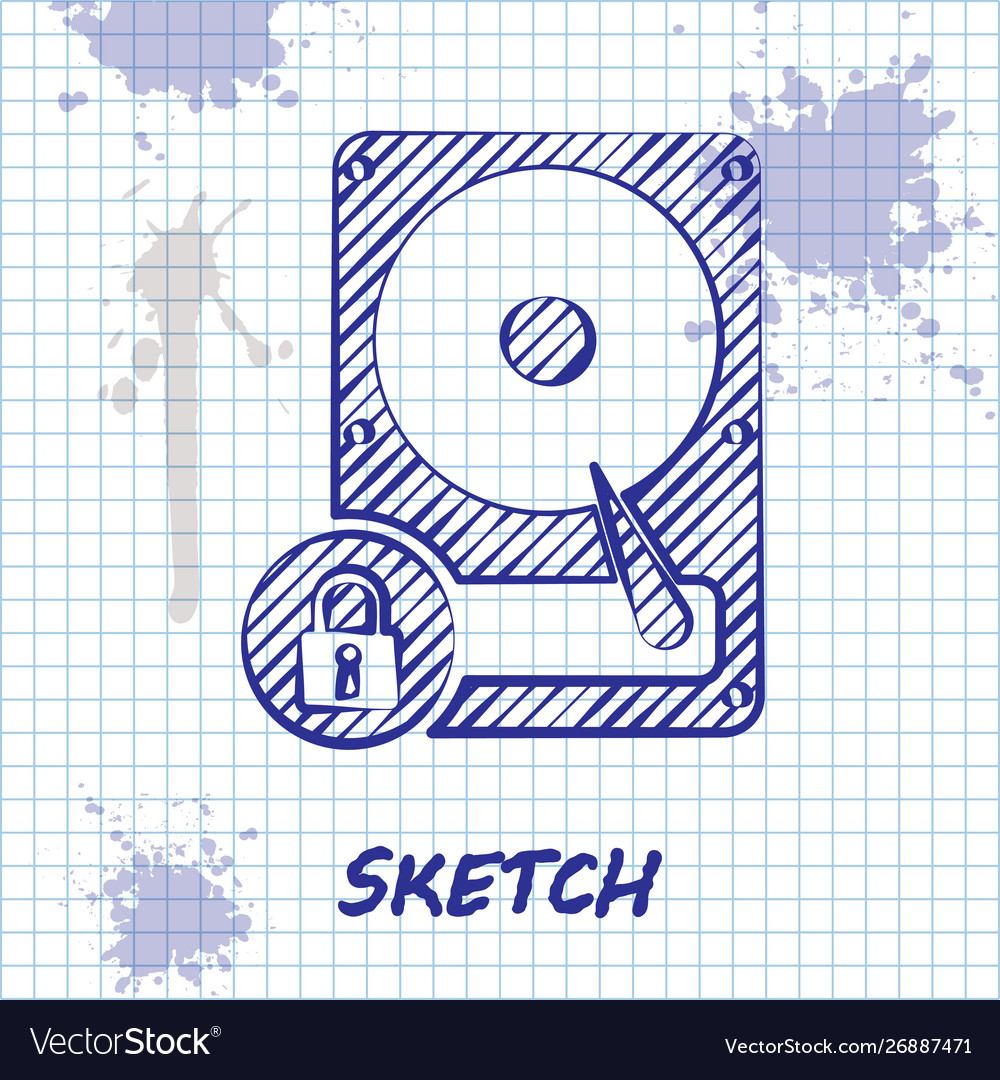 Sketch line hard disk drive and lock icon isolated vector image Sketch line hard disk drive and lock icon isolated