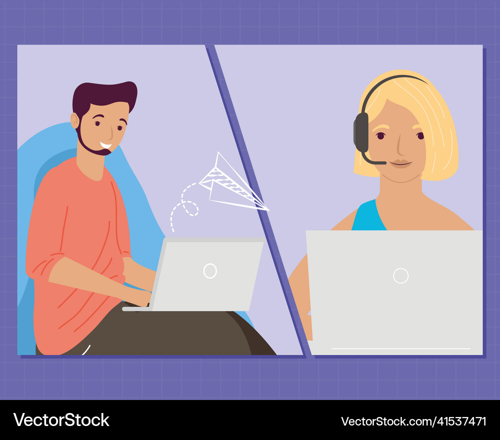 Young couple using laptops Royalty Free Vector Image