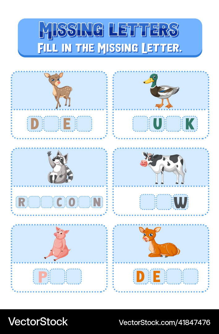 Fill the missing letter of each word worksheet Vector Image