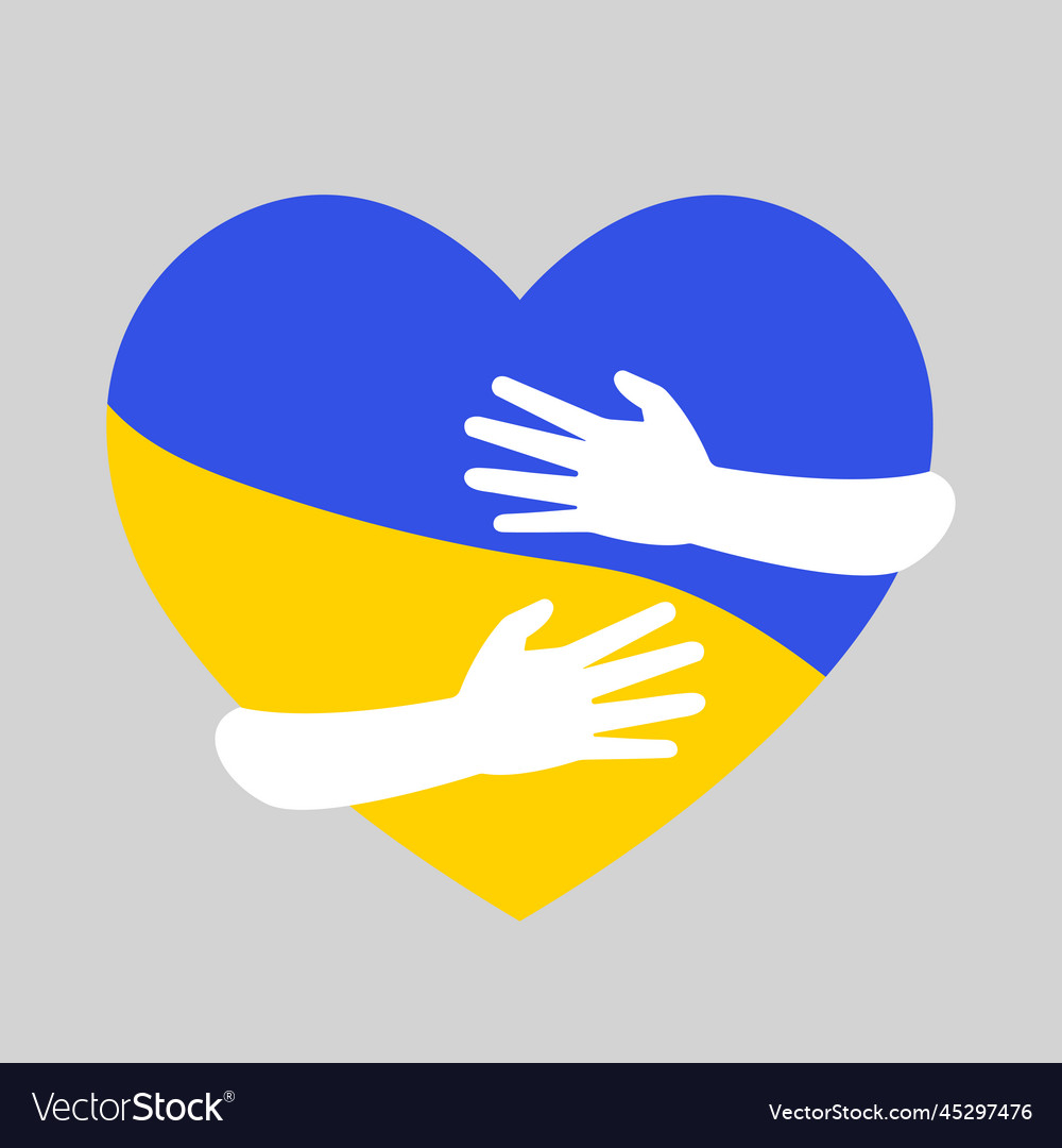 Hugging hands with blue and yellow heart flag