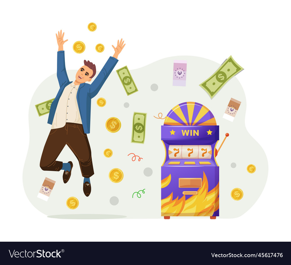 Lucky man jumping celebrating win at slot machine vector image Lucky man jumping celebrating win at slot machine