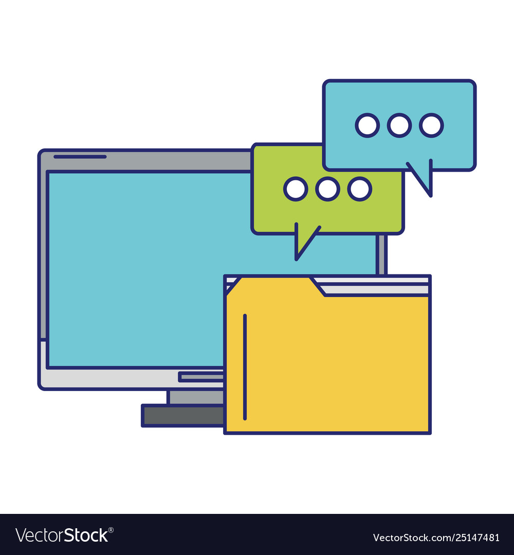 Computer with documents folder blue lines vector image Computer with documents folder blue lines