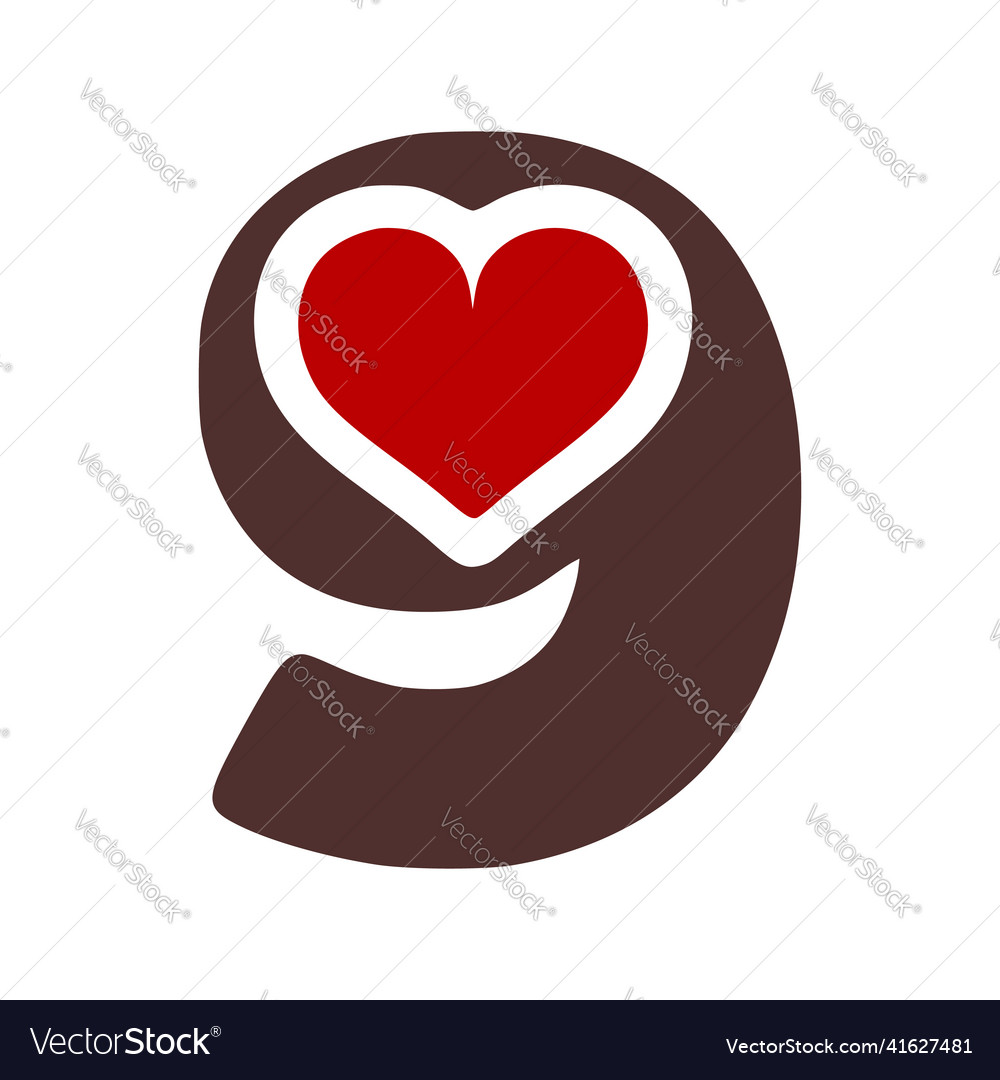 Number 9 with heart symbol doodle icon on white Vector Image