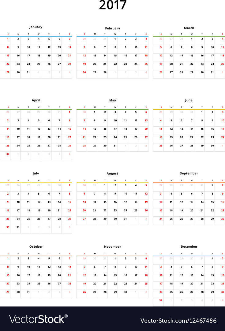 Calendar 2017 year template Royalty Free Vector Image