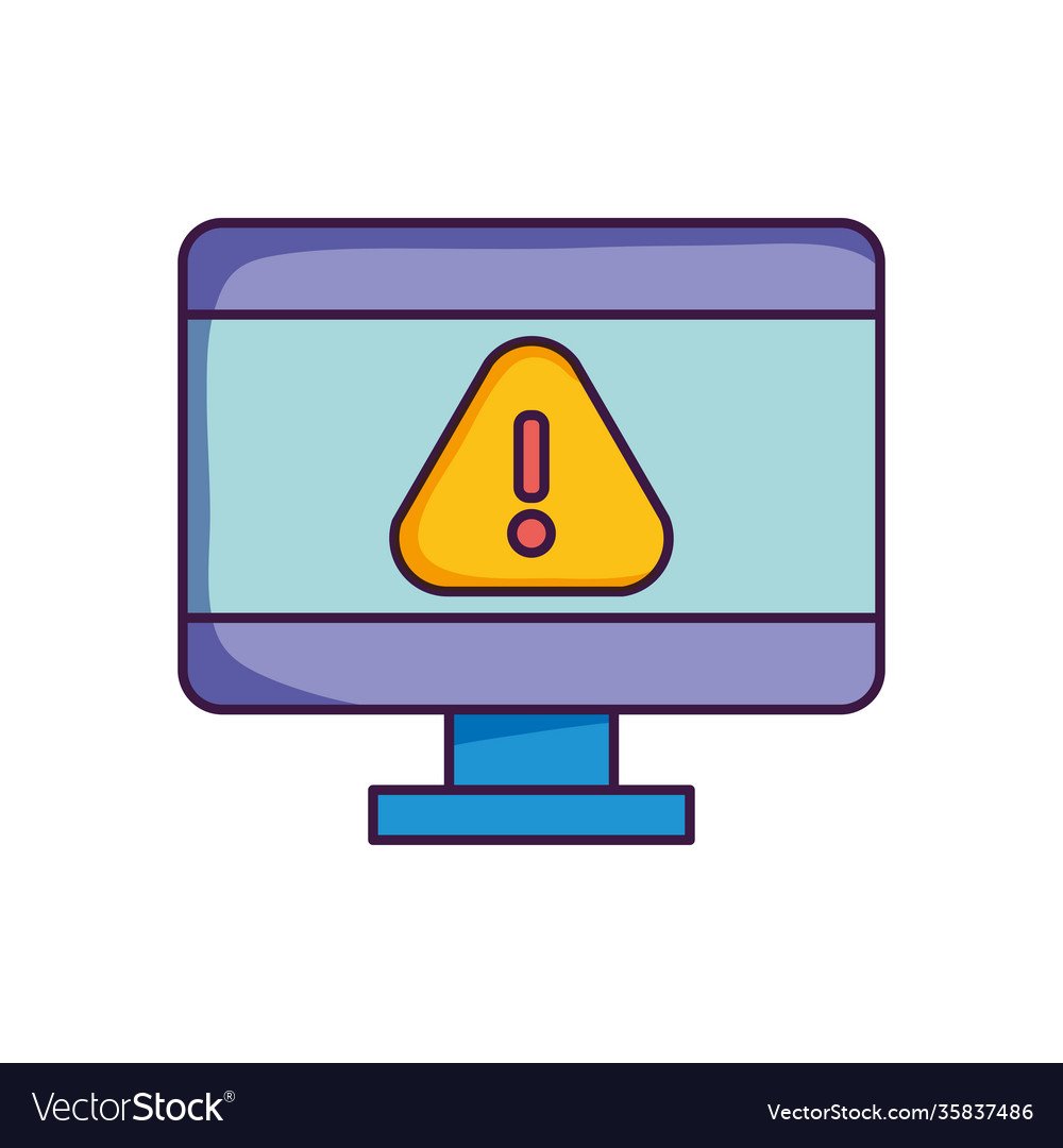 Computer with warning sign on screen flat style vector image Computer with warning sign on screen flat style