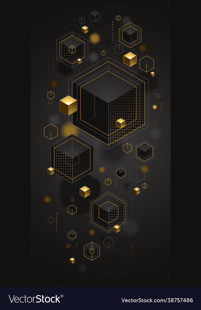 Cubes cluster with golden elements lines and dots vector image Cubes cluster with golden elements lines and dots