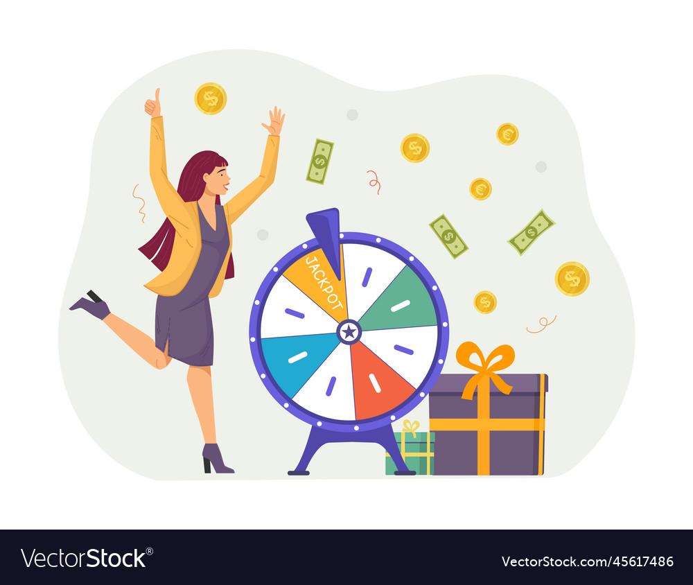 Excited happy woman winning money and gift vector image Excited happy woman winning money and gift