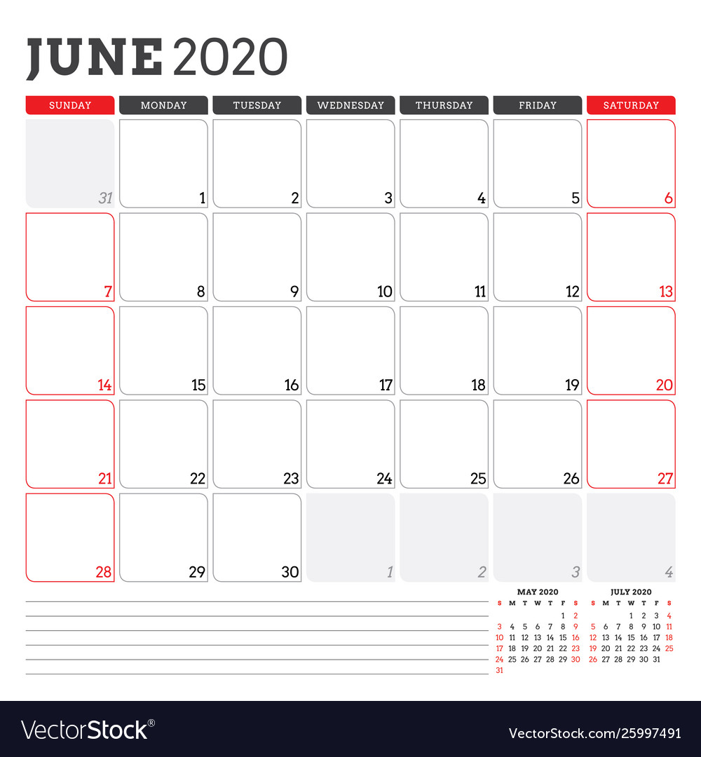 Calendar planner for june 2020 week starts Vector Image