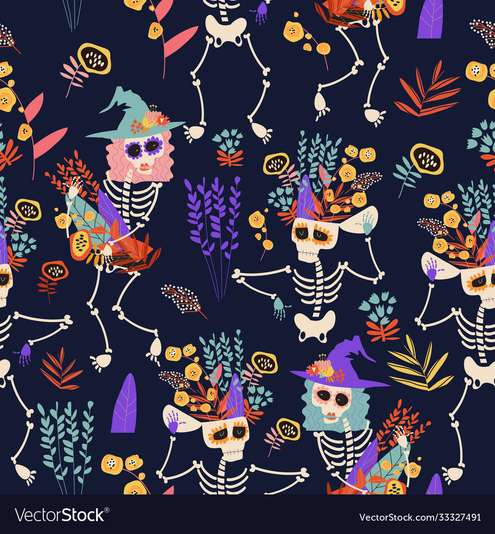 Halloween Skeletons & Flowers Pattern