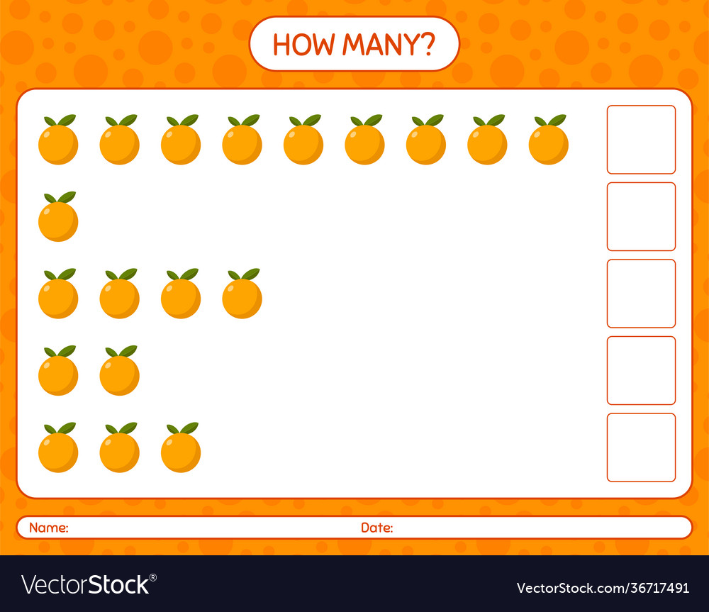 How many counting game with orange worksheet vector image How many counting game with orange worksheet