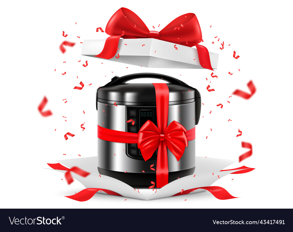 Multicooker with red ribbon and bow inside open vector image Multicooker with red ribbon and bow inside open