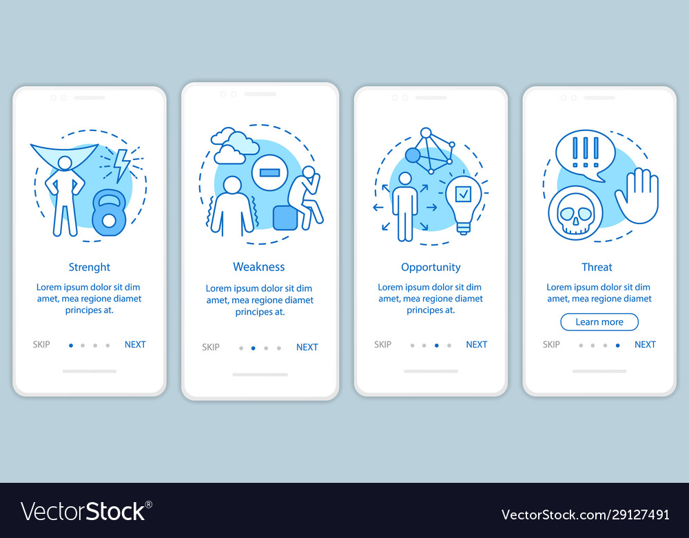 Swot analysis blue onboarding mobile app page