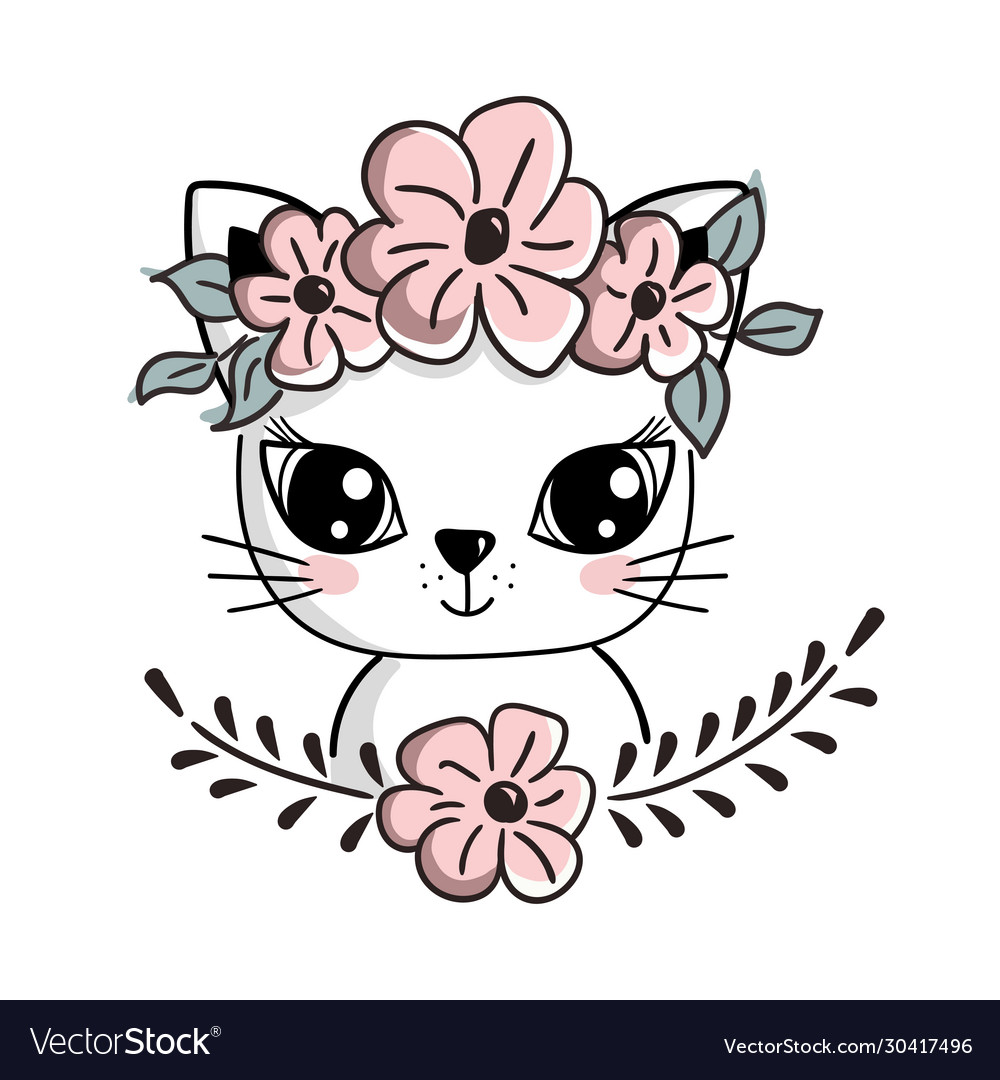 A cat with flowers on its head children vector image A cat with flowers on its head children