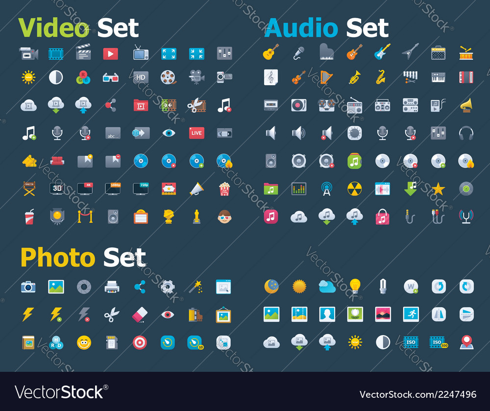 Photo video and audio icon set Royalty Free Vector Image