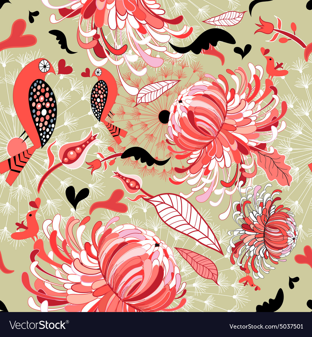 Floral pattern with birds in love