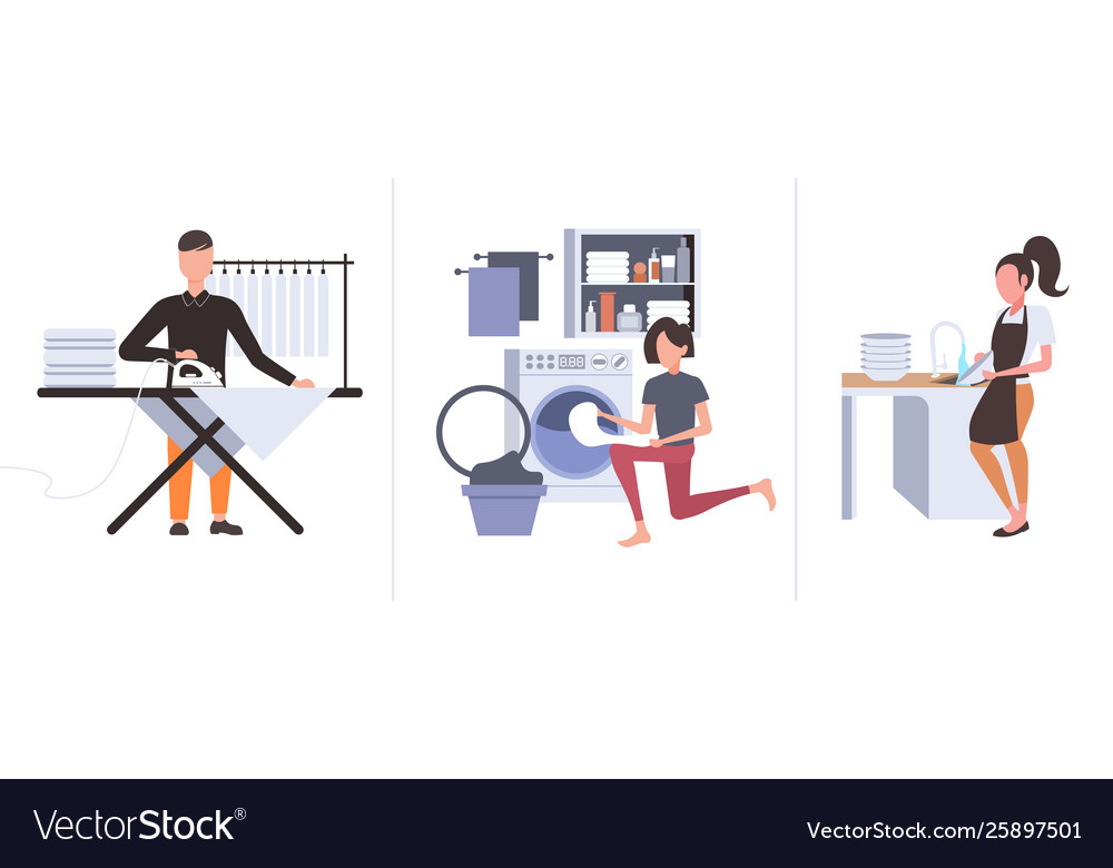 Set man ironing clothes woman putting dirty Vector Image