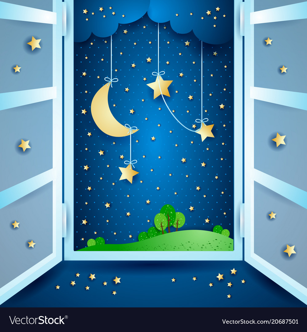 Surreal landscape with open window vector image Surreal landscape with open window