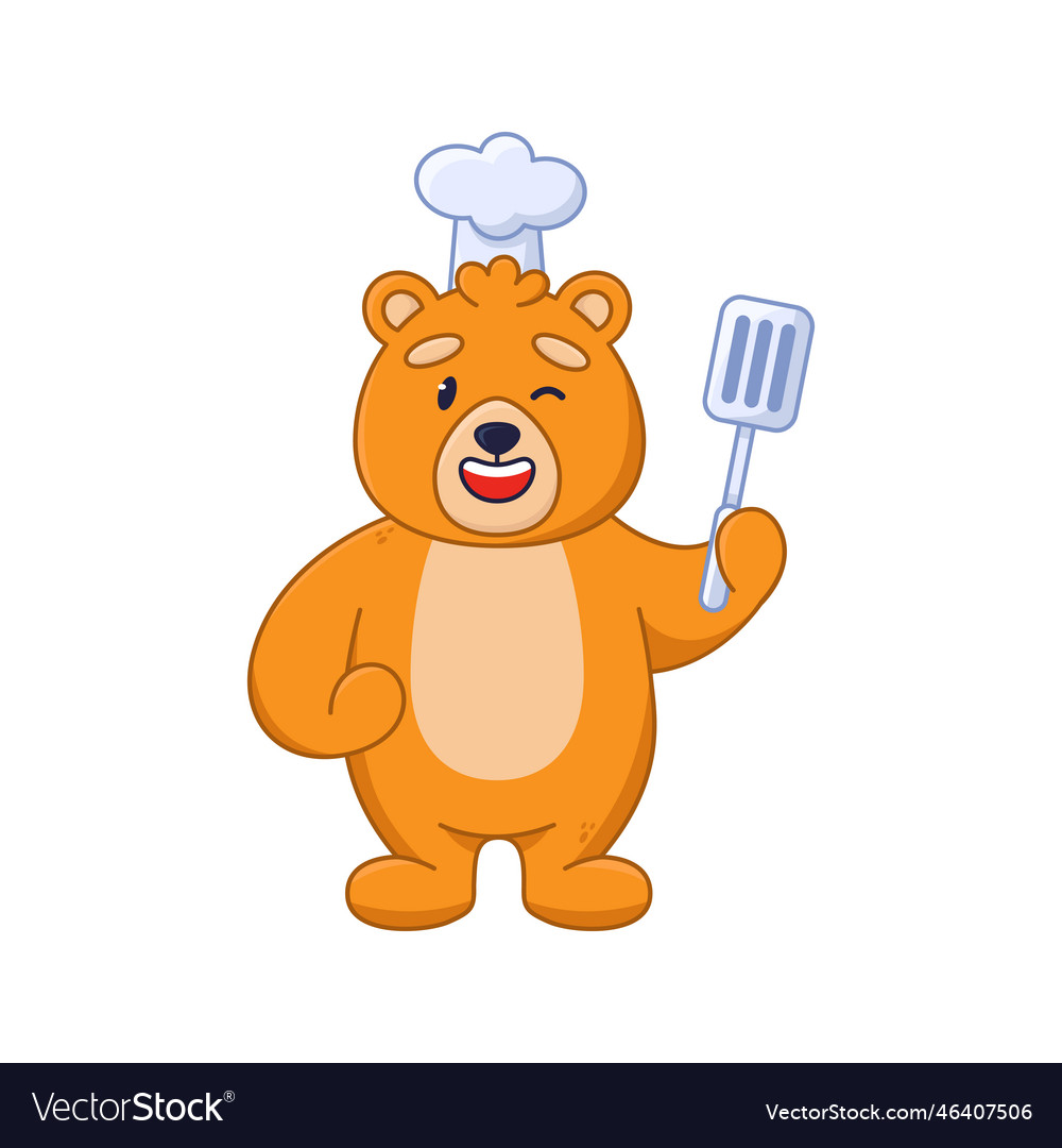 Happy bear cartoon character in chef hat holding