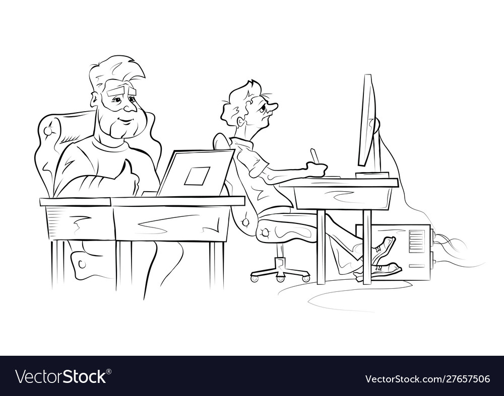 Man works on computer hand drawn sketch Royalty Free Vector
